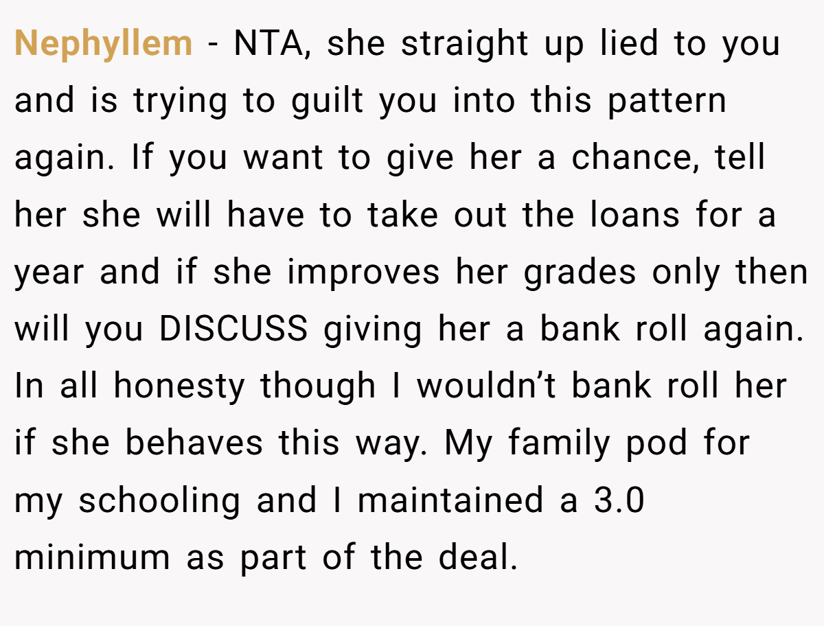 Nephyllem − NTA, she straight up lied to you and is trying to guilt you into this pattern again. If you want to give her a chance, tell her she will have to take out the loans for a year and if she improves her grades only then will you DISCUSS giving her a bank roll again. In all honesty though I wouldn’t bank roll her if she behaves this way. My family pod for my schooling and I maintained a 3.0 minimum as part of the deal.