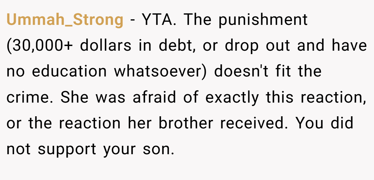 Ummah_Strong − YTA. The punishment (30,000+ dollars in debt, or drop out and have no education whatsoever) doesn't fit the crime. She was afraid of exactly this reaction, or the reaction her brother received. You did not support your son.