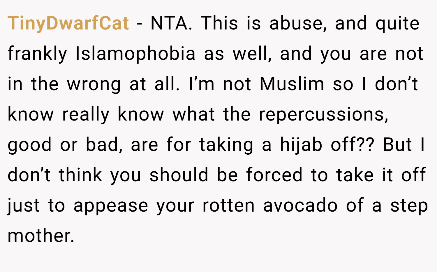 TinyDwarfCat − NTA. This is abuse, and quite frankly Islamophobia as well, and you are not in the wrong at all. I’m not Muslim so I don’t know really know what the repercussions, good or bad, are for taking a hijab off?? But I don’t think you should be forced to take it off just to appease your rotten avocado of a step mother.