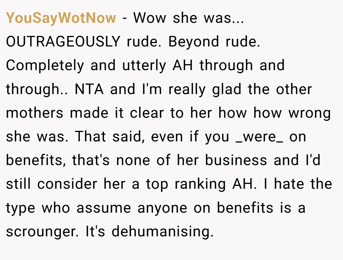 YouSayWotNow − Wow she was... OUTRAGEOUSLY rude. Beyond rude. Completely and utterly AH through and through.. NTA and I'm really glad the other mothers made it clear to her how how wrong she was. That said, even if you _were_ on benefits, that's none of her business and I'd still consider her a top ranking AH. I hate the type who assume anyone on benefits is a scrounger. It's dehumanising.