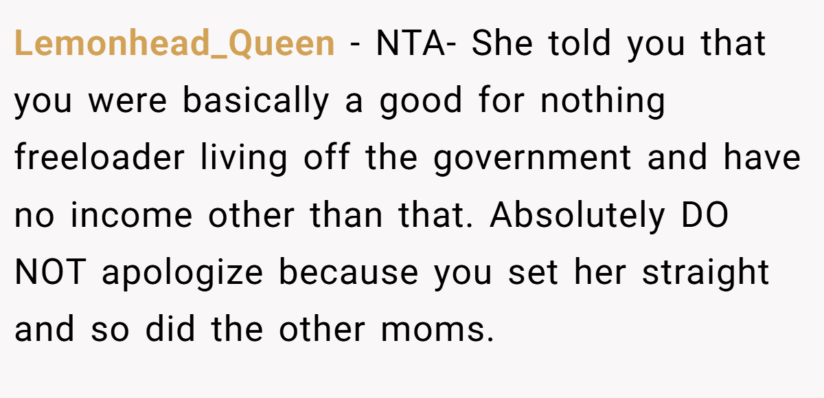Lemonhead_Queen − NTA- She told you that you were basically a good for nothing freeloader living off the government and have no income other than that. Absolutely DO NOT apologize because you set her straight and so did the other moms.