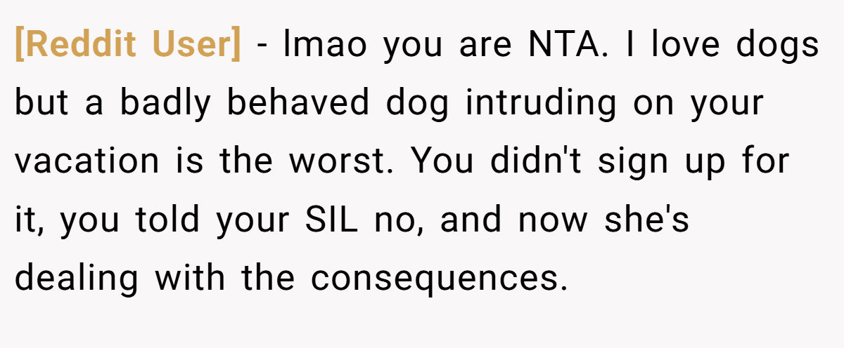 [Reddit User] − lmao you are NTA. I love dogs but a badly behaved dog intruding on your vacation is the worst. You didn't sign up for it, you told your SIL no, and now she's dealing with the consequences.