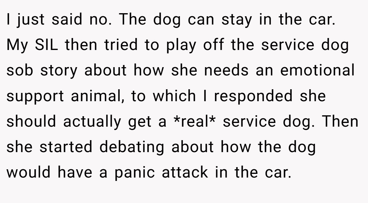 I just said no. The dog can stay in the car. My SIL then tried to play off the service dog sob story about how she needs an emotional support animal, to which I responded she should actually get a *real* service dog. Then she started debating about how the dog would have a panic attack in the car.