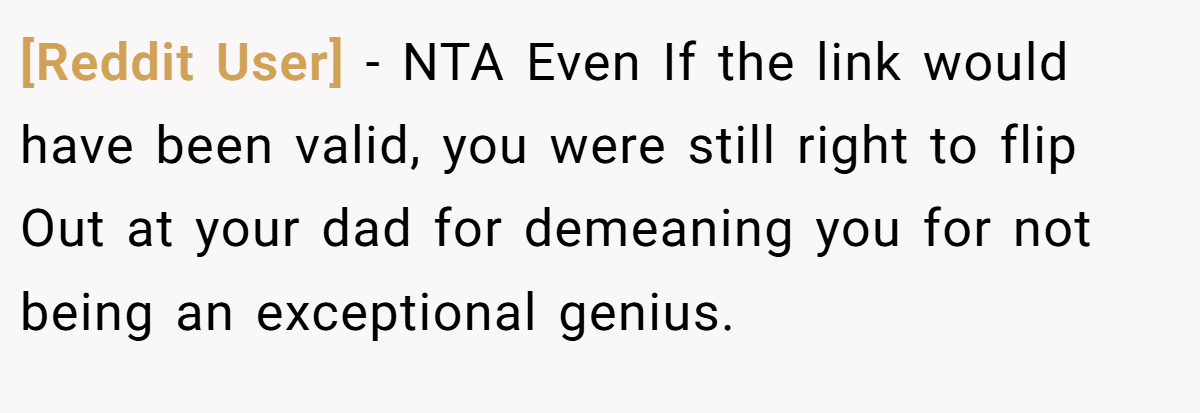 [Reddit User] − NTA Even If the link would have been valid, you were still right to flip Out at your dad for demeaning you for not being an exceptional genius.