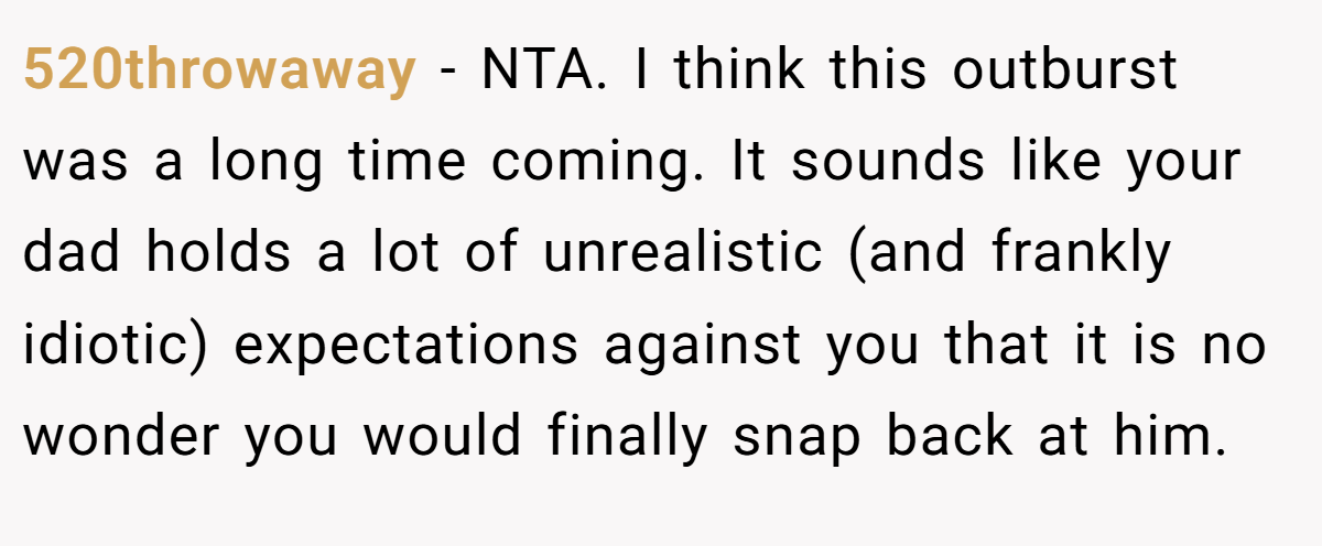 520throwaway − NTA. I think this outburst was a long time coming. It sounds like your dad holds a lot of unrealistic (and frankly idiotic) expectations against you that it is no wonder you would finally snap back at him.