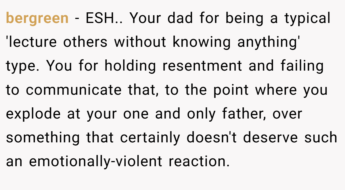 bergreen − ESH.. Your dad for being a typical 'lecture others without knowing anything' type. You for holding resentment and failing to communicate that, to the point where you explode at your one and only father, over something that certainly doesn't deserve such an emotionally-violent reaction.