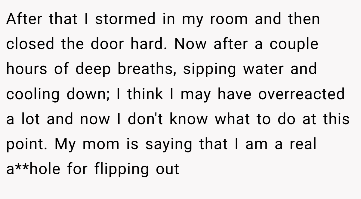 After that I stormed in my room and then closed the door hard. Now after a couple hours of deep breaths, sipping water and cooling down; I think I may have overreacted a lot and now I don't know what to do at this point. My mom is saying that I am a real a**hole for flipping out