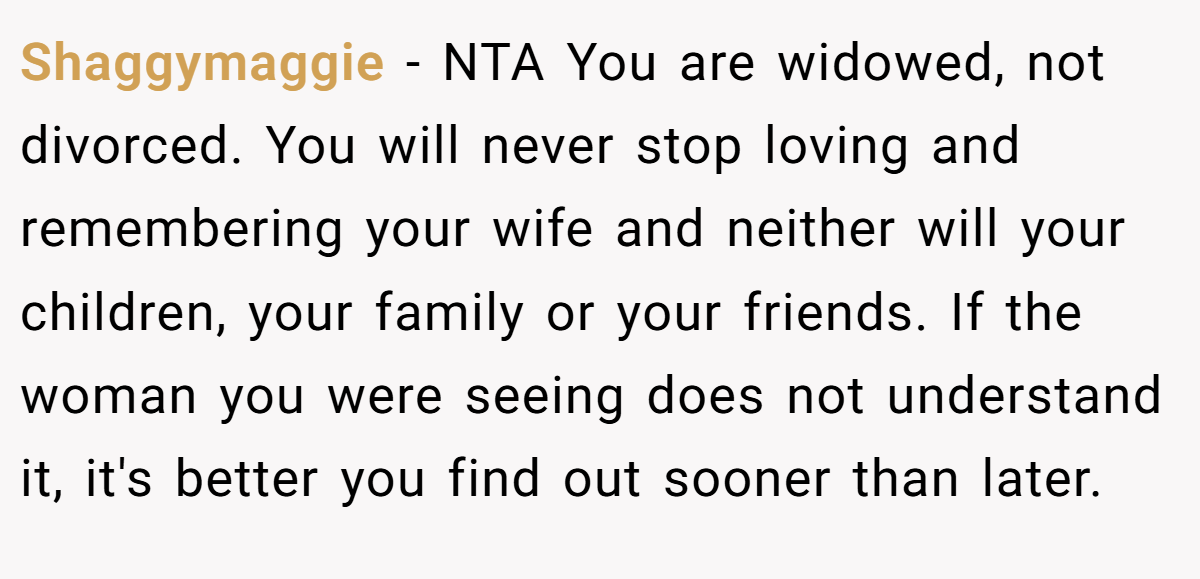 Shaggymaggie − NTA You are widowed, not divorced. You will never stop loving and remembering your wife and neither will your children, your family or your friends. If the woman you were seeing does not understand it, it's better you find out sooner than later.