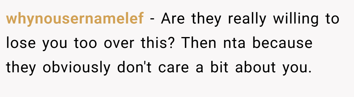 whynousernamelef − Are they really willing to lose you too over this? Then nta because they obviously don't care a bit about you.