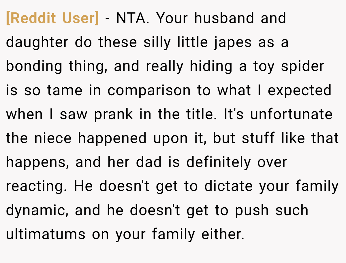 [Reddit User] − NTA. Your husband and daughter do these silly little japes as a bonding thing, and really hiding a toy spider is so tame in comparison to what I expected when I saw prank in the title. It's unfortunate the niece happened upon it, but stuff like that happens, and her dad is definitely over reacting. He doesn't get to dictate your family dynamic, and he doesn't get to push such ultimatums on your family either.