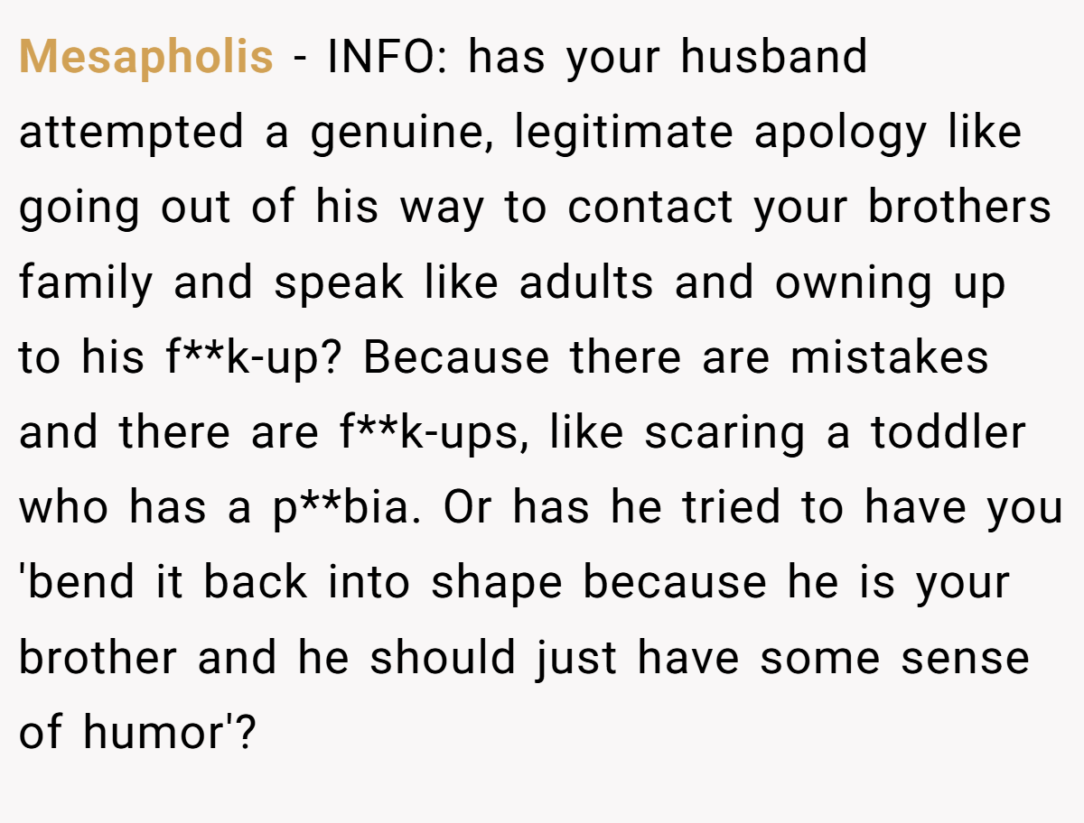 Mesapholis − INFO: has your husband attempted a genuine, legitimate apology like going out of his way to contact your brothers family and speak like adults and owning up to his f**k-up? Because there are mistakes and there are f**k-ups, like scaring a toddler who has a p**bia. Or has he tried to have you 'bend it back into shape because he is your brother and he should just have some sense of humor'?