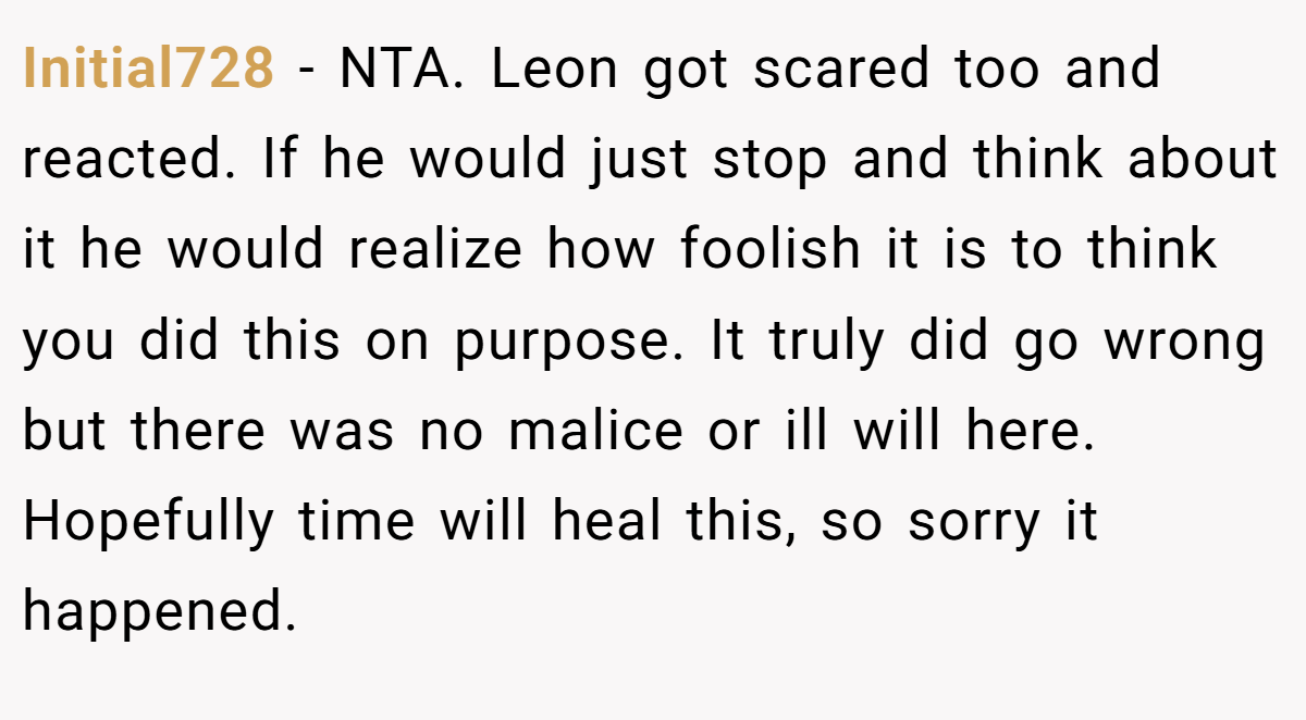 Initial728 − NTA. Leon got scared too and reacted. If he would just stop and think about it he would realize how foolish it is to think you did this on purpose. It truly did go wrong but there was no malice or ill will here. Hopefully time will heal this, so sorry it happened.