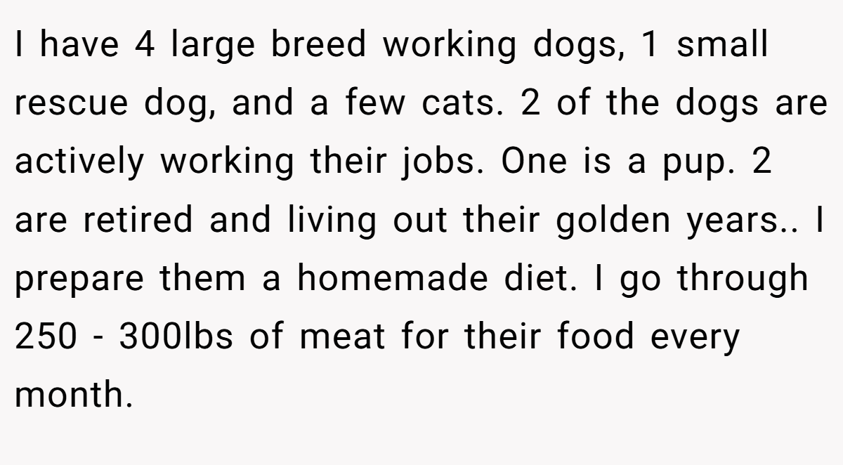 I have 4 large breed working dogs, 1 small rescue dog, and a few cats. 2 of the dogs are actively working their jobs. One is a pup. 2 are retired and living out their golden years.. I prepare them a homemade diet. I go through 250 - 300lbs of meat for their food every month.
