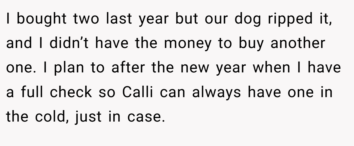 I bought two last year but our dog ripped it, and I didn’t have the money to buy another one. I plan to after the new year when I have a full check so Calli can always have one in the cold, just in case.