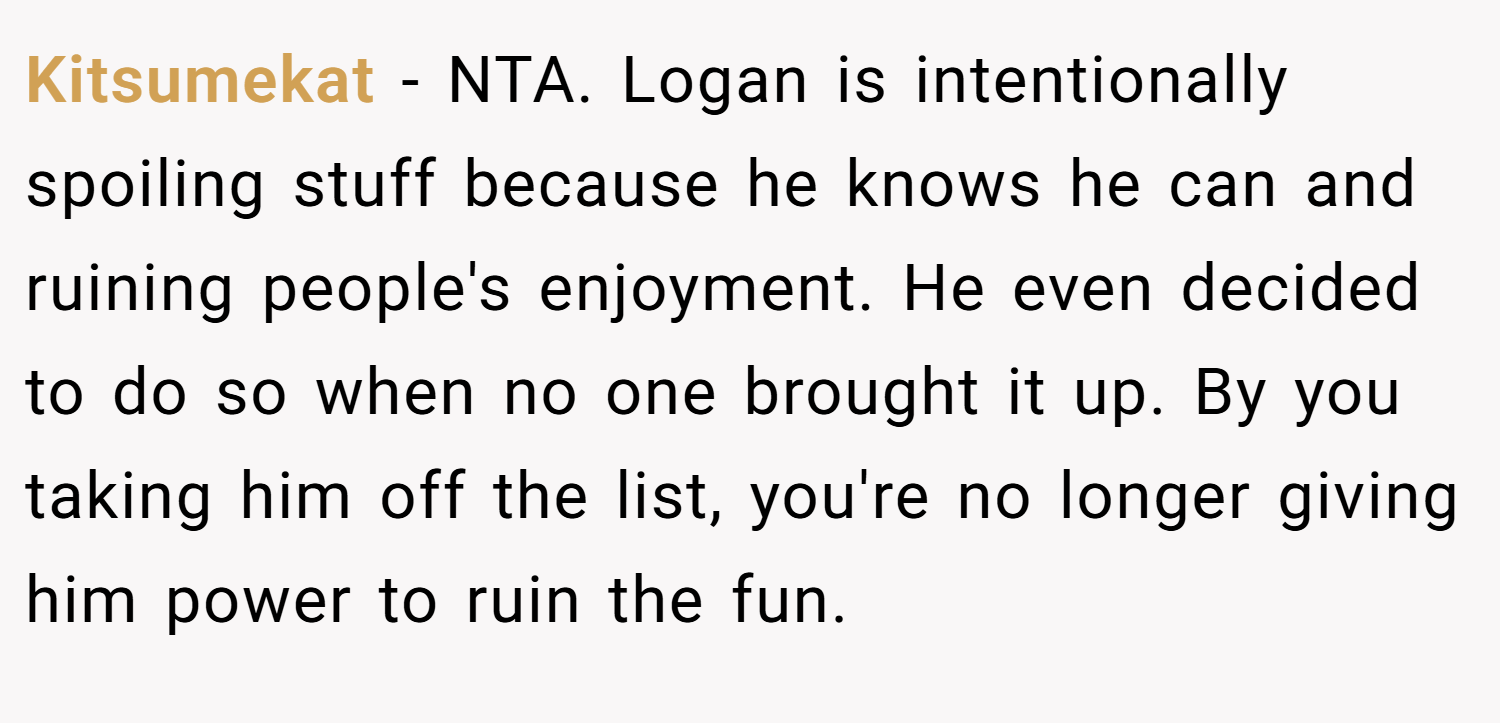 Kitsumekat − NTA. Logan is intentionally spoiling stuff because he knows he can and ruining people's enjoyment. He even decided to do so when no one brought it up. By you taking him off the list, you're no longer giving him power to ruin the fun.