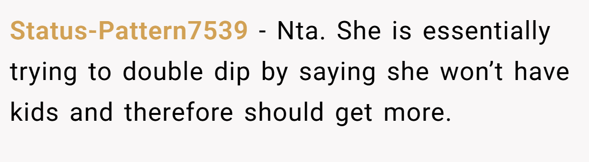 Status-Pattern7539 − Nta. She is essentially trying to double dip by saying she won’t have kids and therefore should get more.
