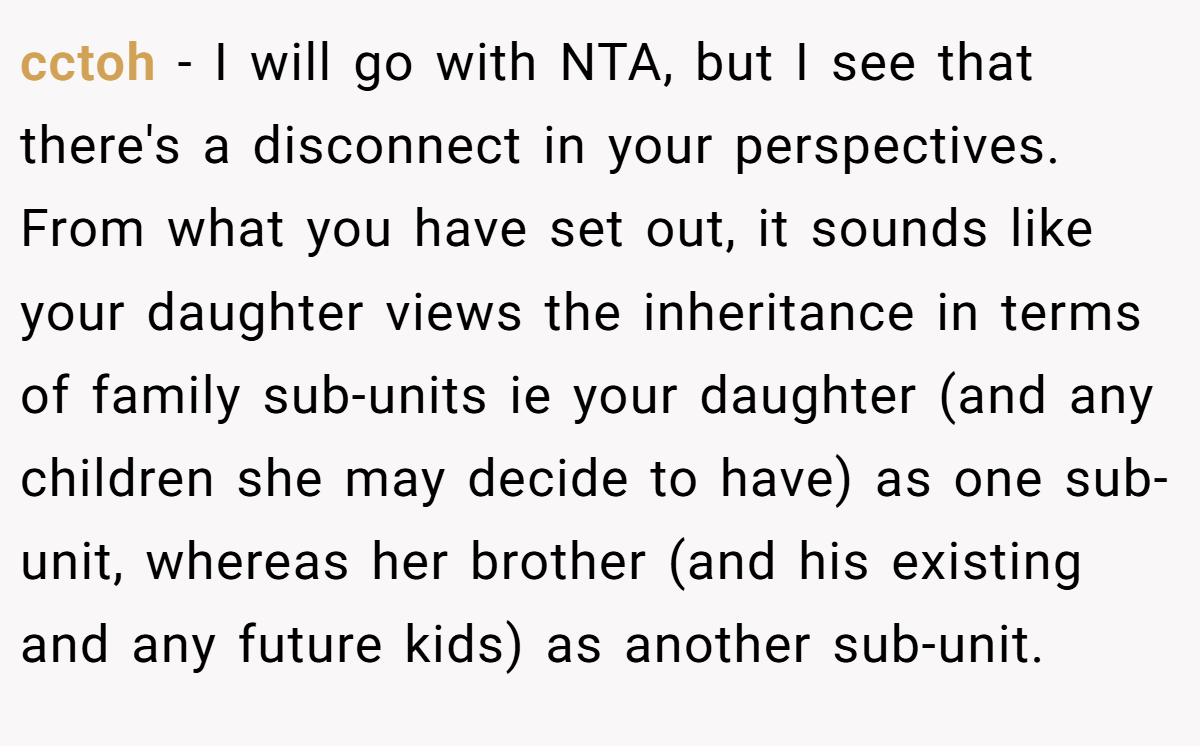 cctoh − I will go with NTA, but I see that there's a disconnect in your perspectives. From what you have set out, it sounds like your daughter views the inheritance in terms of family sub-units ie your daughter (and any children she may decide to have) as one sub-unit, whereas her brother (and his existing and any future kids) as another sub-unit.