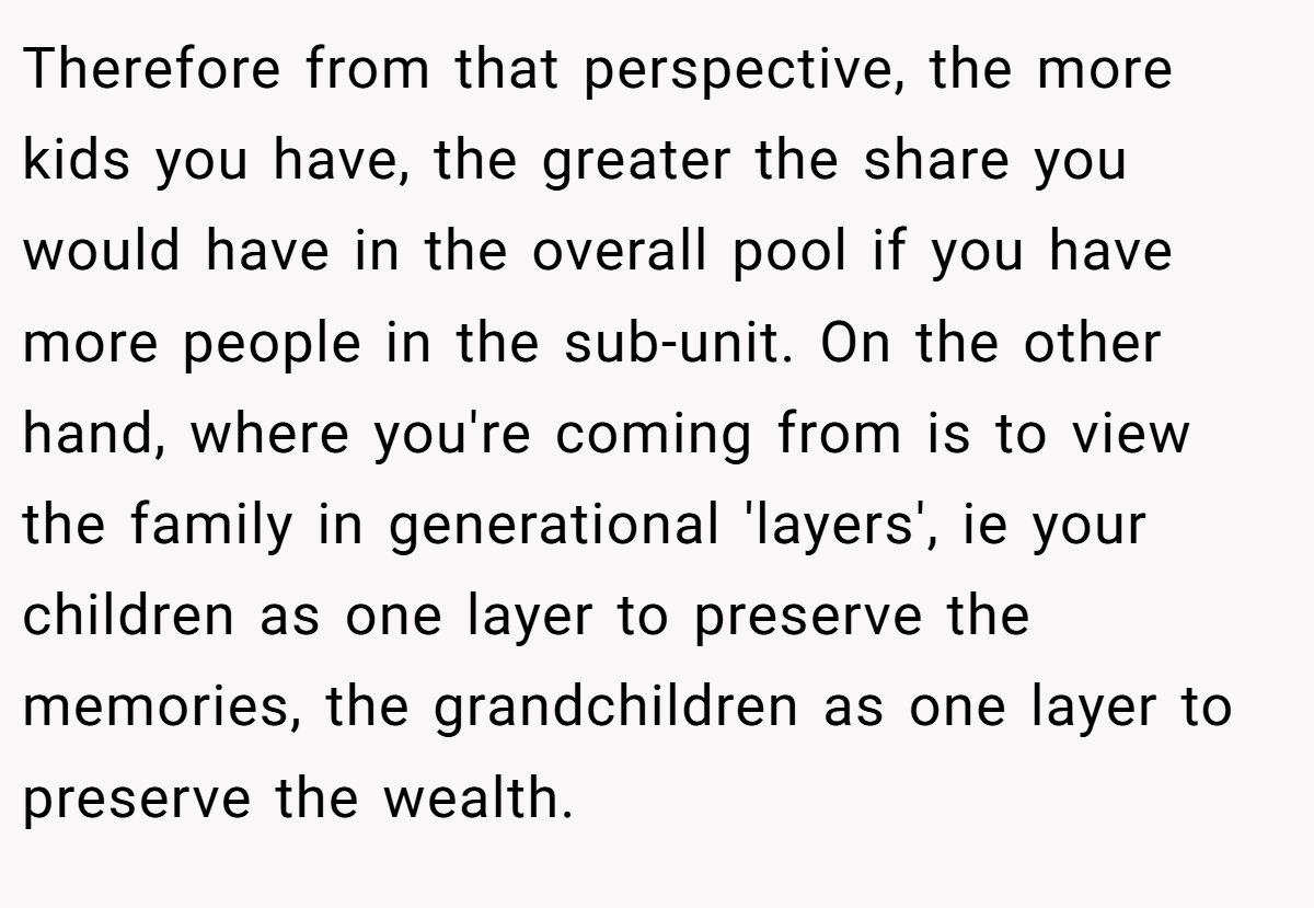Therefore from that perspective, the more kids you have, the greater the share you would have in the overall pool if you have more people in the sub-unit. On the other hand, where you're coming from is to view the family in generational 'layers', ie your children as one layer to preserve the memories, the grandchildren as one layer to preserve the wealth.