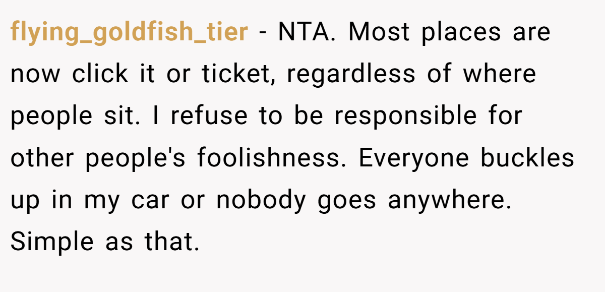 flying_goldfish_tier - NTA. Most places are now click it or ticket, regardless of where people sit. I refuse to be responsible for other people's foolishness. Everyone buckles up in my car or nobody goes anywhere. Simple as that.