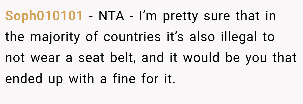 Soph010101 - NTA - I’m pretty sure that in the majority of countries it’s also illegal to not wear a seat belt, and it would be you that ended up with a fine for it.