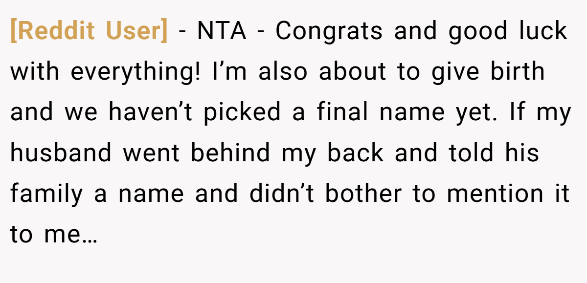 [Reddit User] - NTA - Congrats and good luck with everything! I’m also about to give birth and we haven’t picked a final name yet. If my husband went behind my back and told his family a name and didn’t bother to mention it to me…