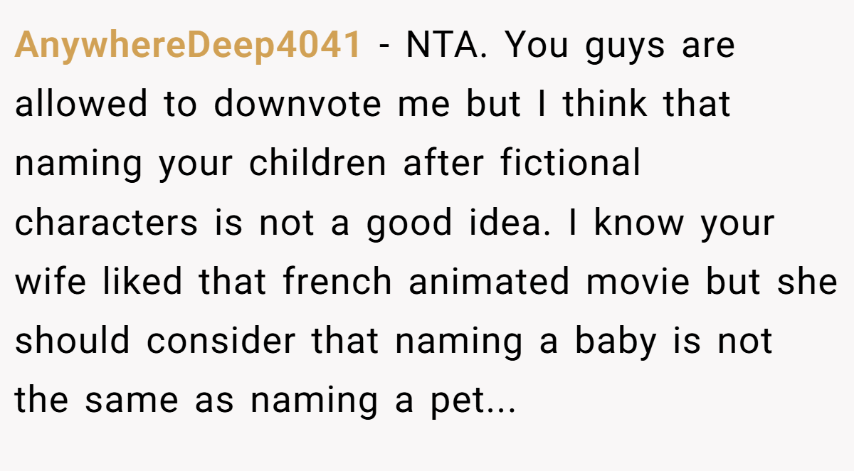 AnywhereDeep4041 - NTA. You guys are allowed to downvote me but I think that naming your children after fictional characters is not a good idea. I know your wife liked that french animated movie but she should consider that naming a baby is not the same as naming a pet...