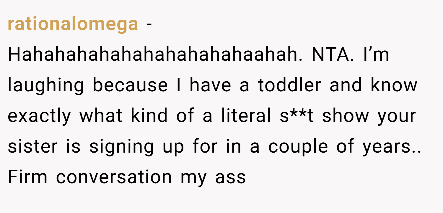 rationalomega − Hahahahahahahahahahahaahah. NTA. I’m laughing because I have a toddler and know exactly what kind of a literal s**t show your sister is signing up for in a couple of years.. Firm conversation my ass
