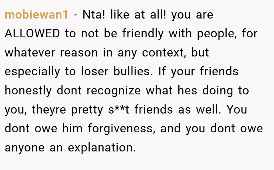 mobiewan1 − Nta! like at all! you are ALLOWED to not be friendly with people, for whatever reason in any context, but especially to loser bullies. If your friends honestly dont recognize what hes doing to you, theyre pretty s**t friends as well. You dont owe him forgiveness, and you dont owe anyone an explanation.