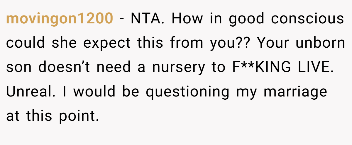 movingon1200 − NTA. How in good conscious could she expect this from you?? Your unborn son doesn’t need a nursery to F**KING LIVE. Unreal. I would be questioning my marriage at this point.