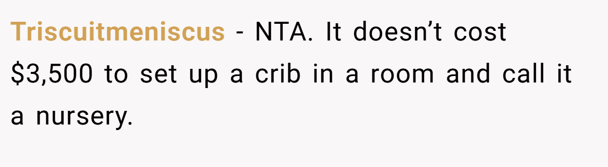 Triscuitmeniscus − NTA. It doesn’t cost $3,500 to set up a crib in a room and call it a nursery.