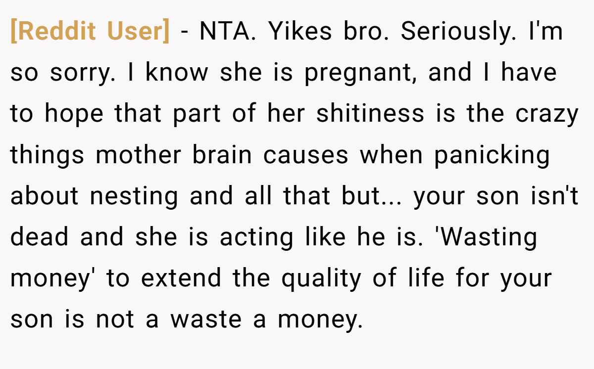[Reddit User] − NTA. Yikes bro. Seriously. I'm so sorry. I know she is pregnant, and I have to hope that part of her shitiness is the crazy things mother brain causes when panicking about nesting and all that but... your son isn't dead and she is acting like he is. 'Wasting money' to extend the quality of life for your son is not a waste a money.