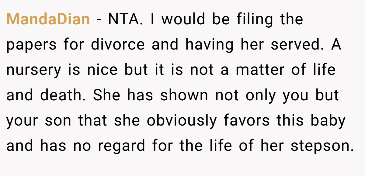MandaDian − NTA. I would be filing the papers for divorce and having her served. A nursery is nice but it is not a matter of life and death. She has shown not only you but your son that she obviously favors this baby and has no regard for the life of her stepson.