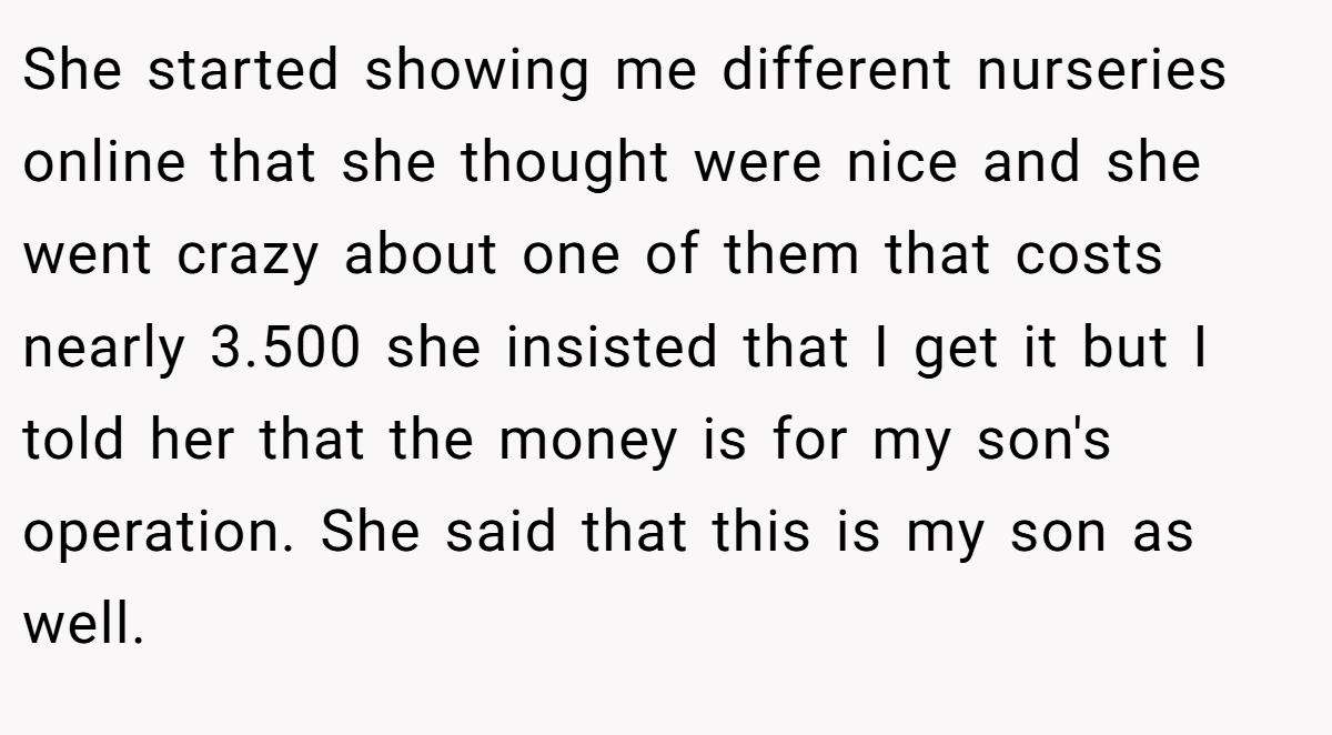 She started showing me different nurseries online that she thought were nice and she went crazy about one of them that costs nearly 3.500 she insisted that I get it but I told her that the money is for my son's operation. She said that this is my son as well.