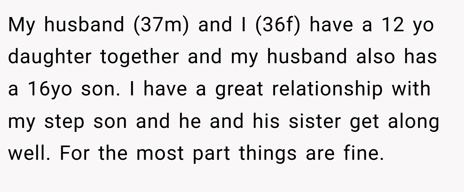 My husband (37m) and I (36f) have a 12 yo daughter together and my husband also has a 16yo son. I have a great relationship with my step son and he and his sister get along well. For the most part things are fine.