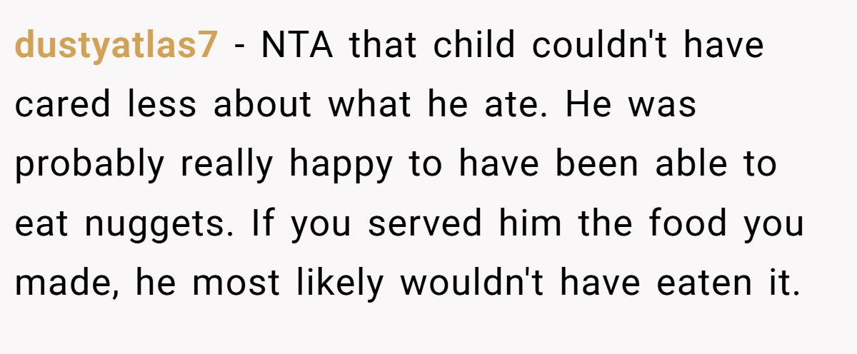 dustyatlas7 - NTA that child couldn't have cared less about what he ate. He was probably really happy to have been able to eat nuggets. If you served him the food you made, he most likely wouldn't have eaten it.