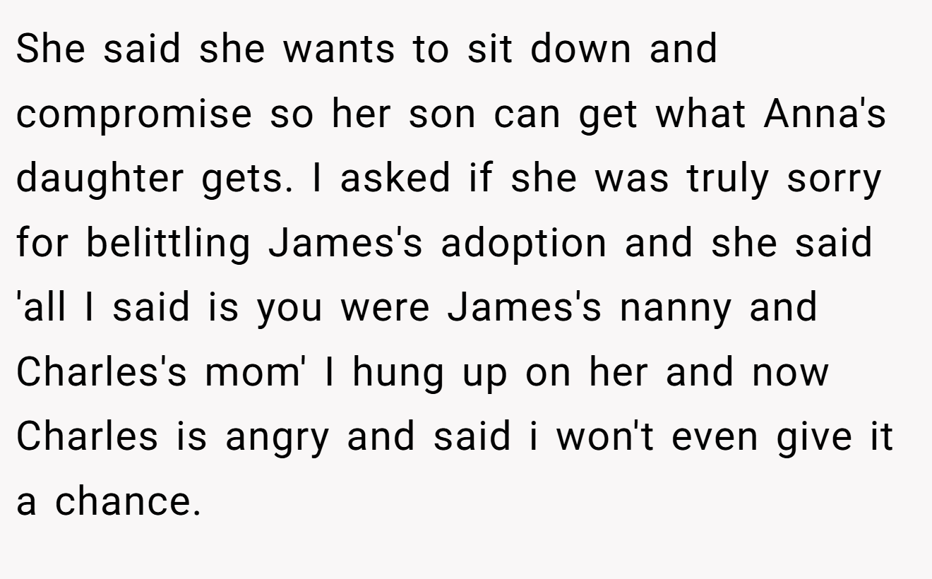 She said she wants to sit down and compromise so her son can get what Anna's daughter gets. I asked if she was truly sorry for belittling James's adoption and she said 'all I said is you were James's nanny and Charles's mom' I hung up on her and now Charles is angry and said i won't even give it a chance.