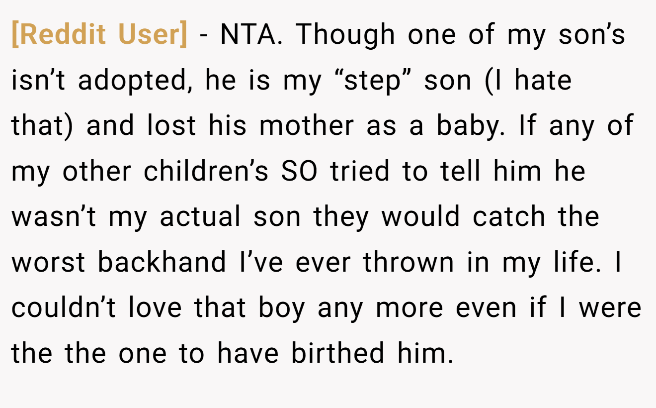 [Reddit User] − NTA. Though one of my son’s isn’t adopted, he is my “step” son (I hate that) and lost his mother as a baby. If any of my other children’s SO tried to tell him he wasn’t my actual son they would catch the worst backhand I’ve ever thrown in my life. I couldn’t love that boy any more even if I were the the one to have birthed him.