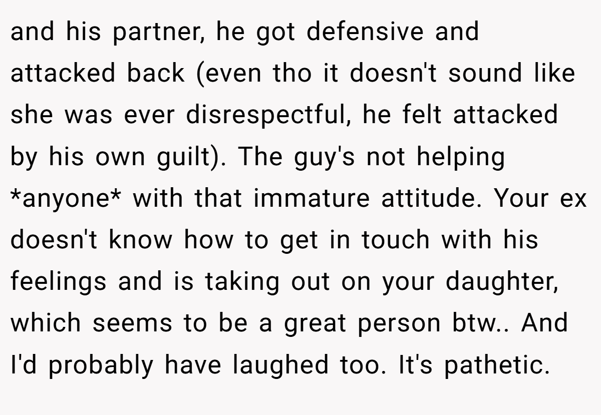 and his partner, he got defensive and attacked back (even tho it doesn't sound like she was ever disrespectful, he felt attacked by his own guilt). The guy's not helping *anyone* with that immature attitude. Your ex doesn't know how to get in touch with his feelings and is taking out on your daughter, which seems to be a great person btw.. And I'd probably have laughed too. It's pathetic.