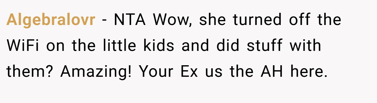 Algebralovr − NTA Wow, she turned off the WiFi on the little kids and did stuff with them? Amazing! Your Ex us the AH here.