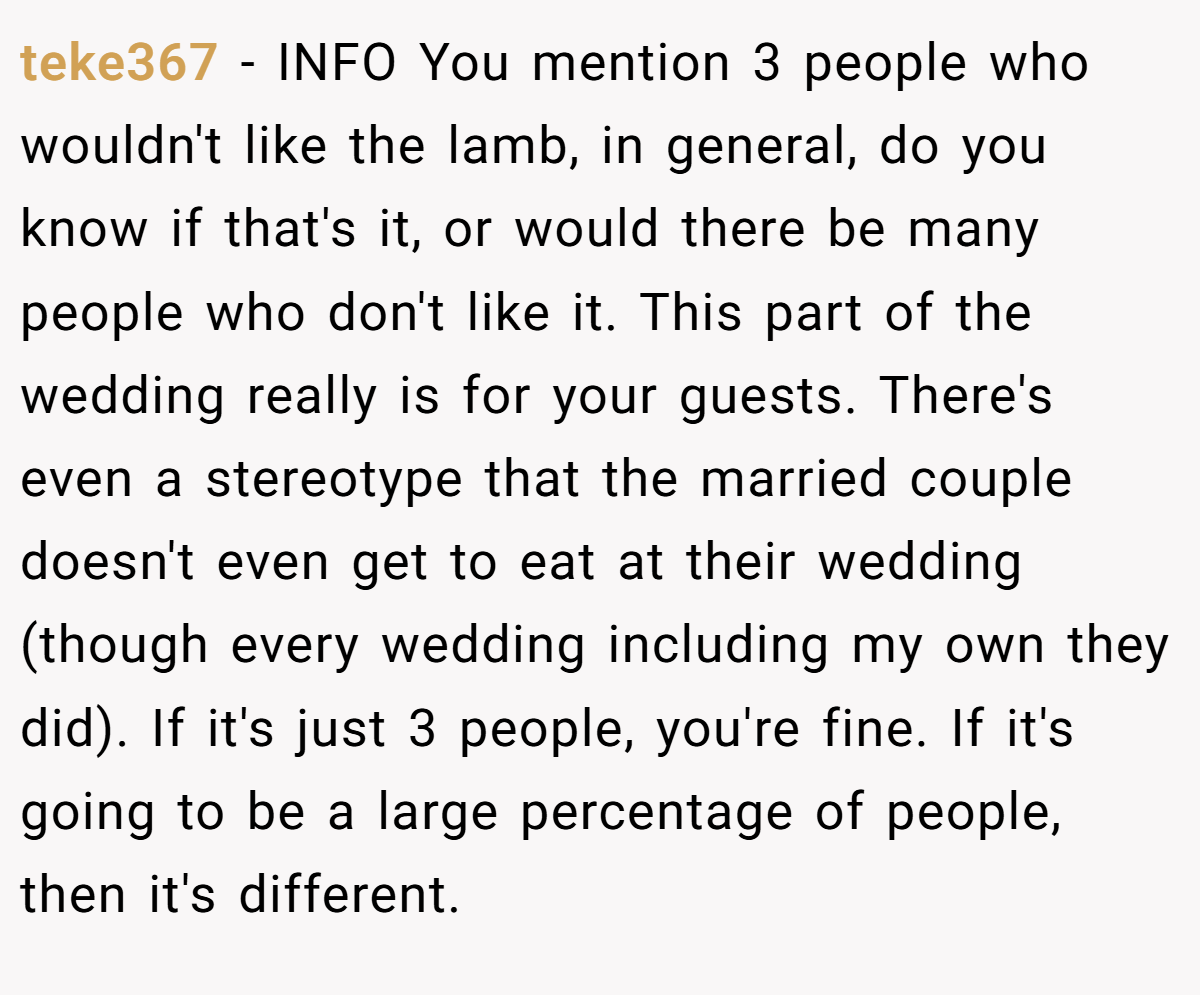 teke367 − INFO You mention 3 people who wouldn't like the lamb, in general, do you know if that's it, or would there be many people who don't like it. This part of the wedding really is for your guests. There's even a stereotype that the married couple doesn't even get to eat at their wedding (though every wedding including my own they did). If it's just 3 people, you're fine. If it's going to be a large percentage of people, then it's different.