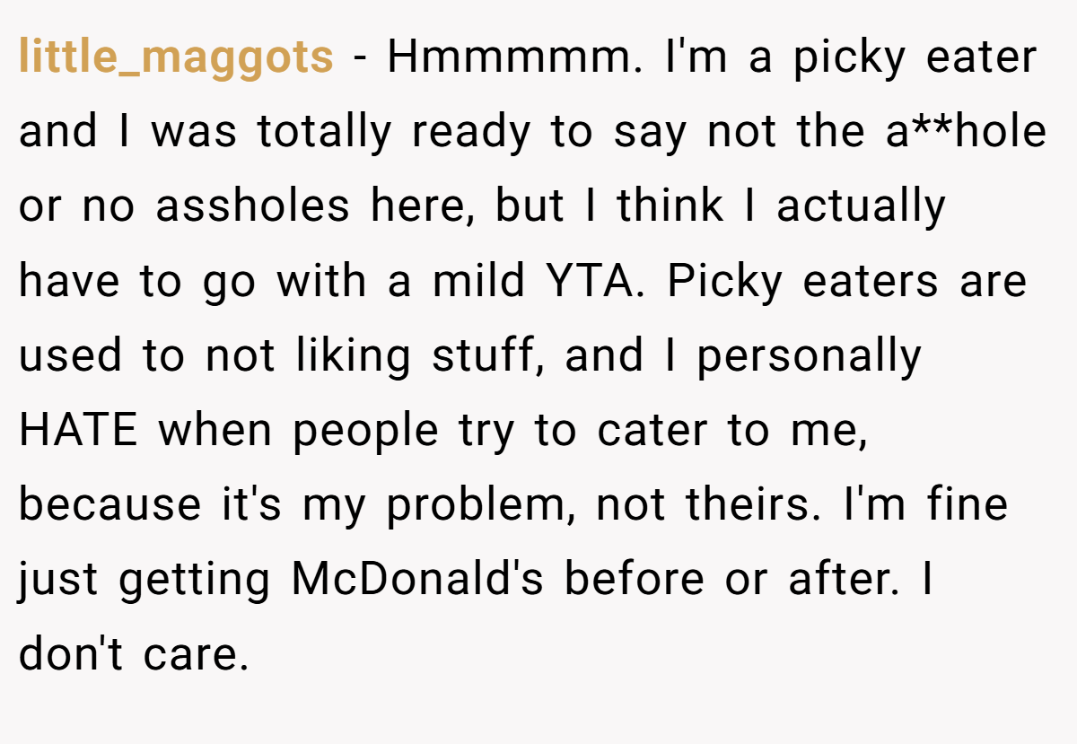 little_maggots − Hmmmmm. I'm a picky eater and I was totally ready to say not the a**hole or no assholes here, but I think I actually have to go with a mild YTA. Picky eaters are used to not liking stuff, and I personally HATE when people try to cater to me, because it's my problem, not theirs. I'm fine just getting McDonald's before or after. I don't care.