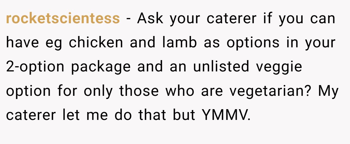 rocketscientess − Ask your caterer if you can have eg chicken and lamb as options in your 2-option package and an unlisted veggie option for only those who are vegetarian? My caterer let me do that but YMMV.