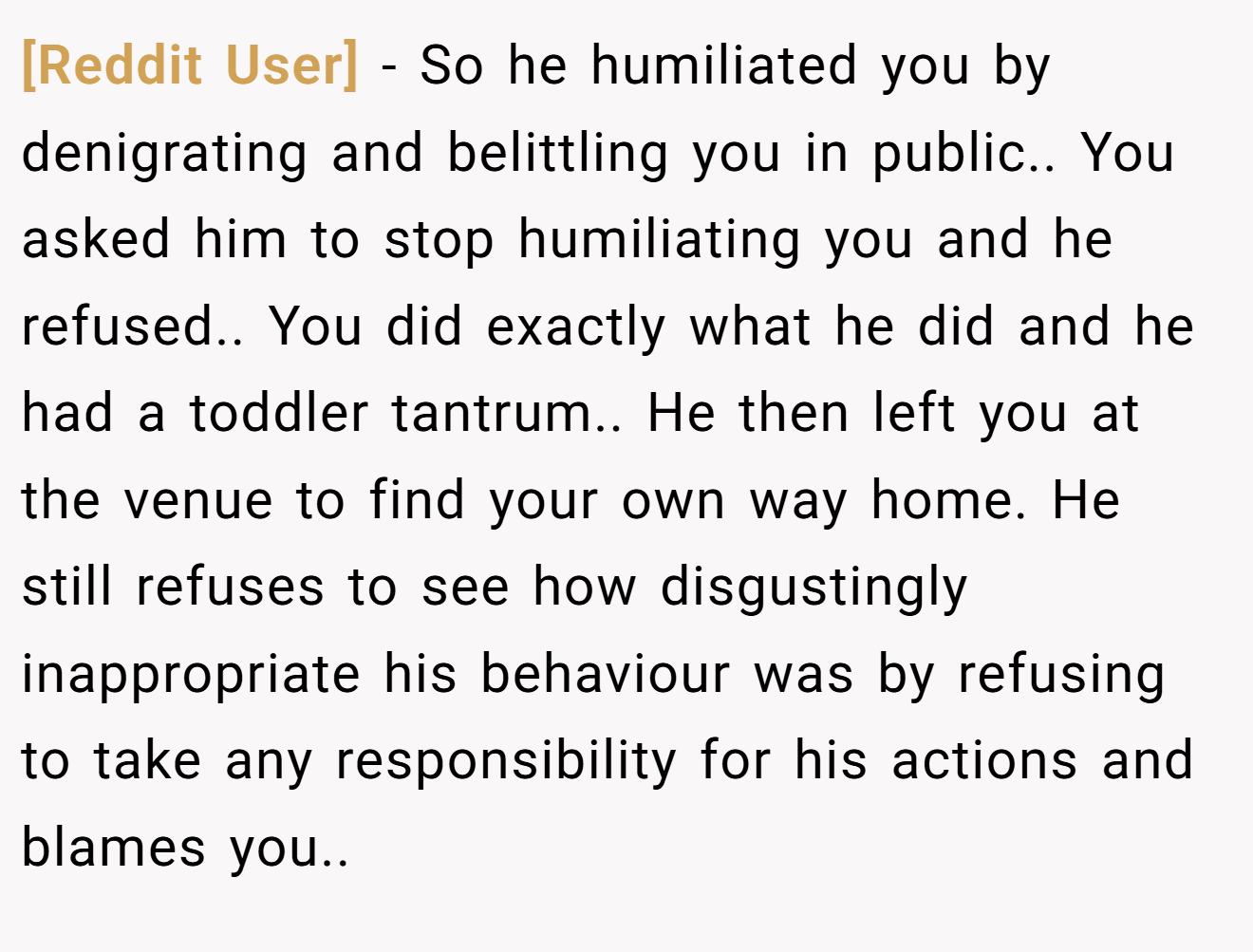 [Reddit User] - So he humiliated you by denigrating and belittling you in public.. You asked him to stop humiliating you and he refused.. You did exactly what he did and he had a toddler tantrum.. He then left you at the venue to find your own way home. He still refuses to see how disgustingly inappropriate his behaviour was by refusing to take any responsibility for his actions and blames you..