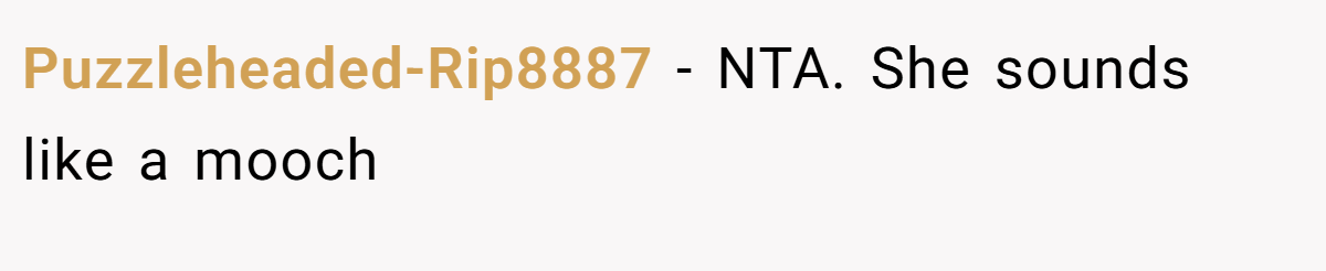 Puzzleheaded-Rip8887 − NTA. She sounds like a mooch