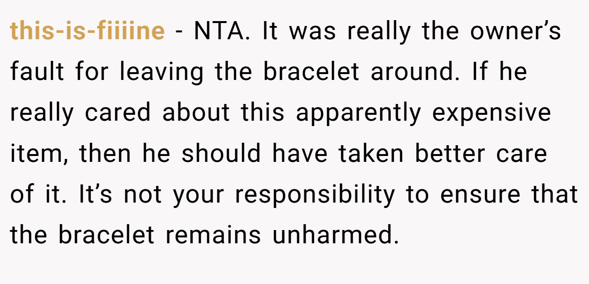 this-is-fiiiine − NTA. It was really the owner’s fault for leaving the bracelet around. If he really cared about this apparently expensive item, then he should have taken better care of it. It’s not your responsibility to ensure that the bracelet remains unharmed.