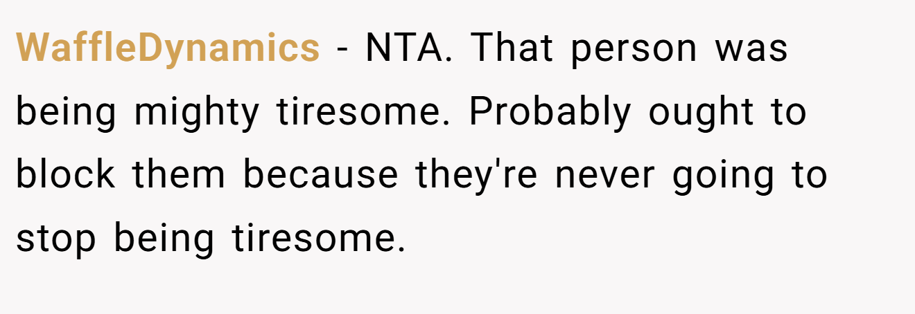 WaffleDynamics - NTA. That person was being mighty tiresome. Probably ought to block them because they're never going to stop being tiresome.