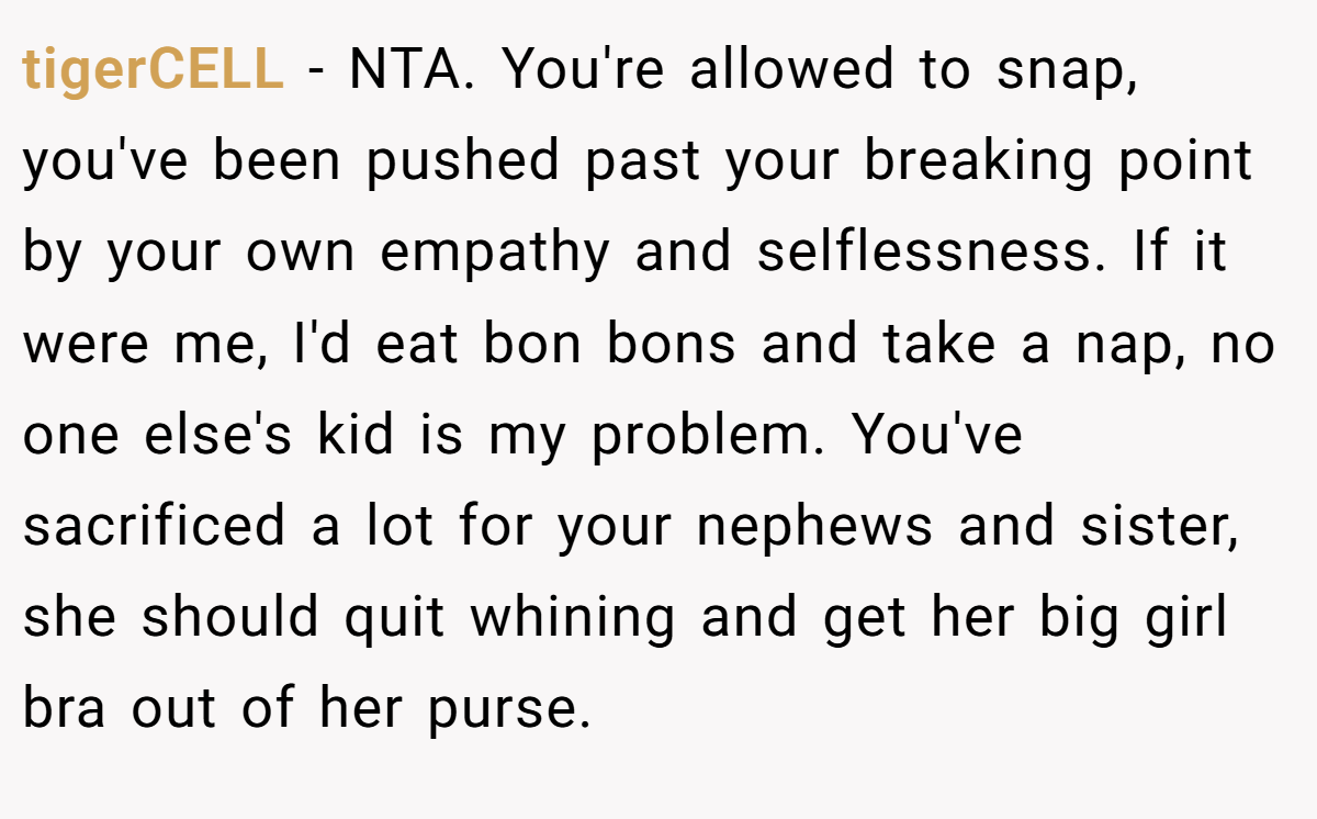 tigerCELL − NTA. You're allowed to snap, you've been pushed past your breaking point by your own empathy and selflessness. If it were me, I'd eat bon bons and take a nap, no one else's kid is my problem. You've sacrificed a lot for your nephews and sister, she should quit whining and get her big girl bra out of her purse.