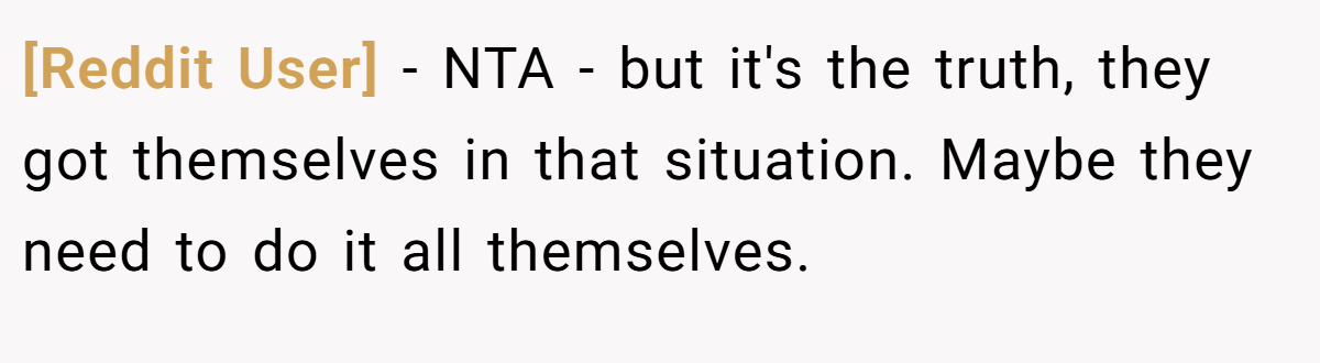 [Reddit User] − NTA - but it's the truth, they got themselves in that situation. Maybe they need to do it all themselves.