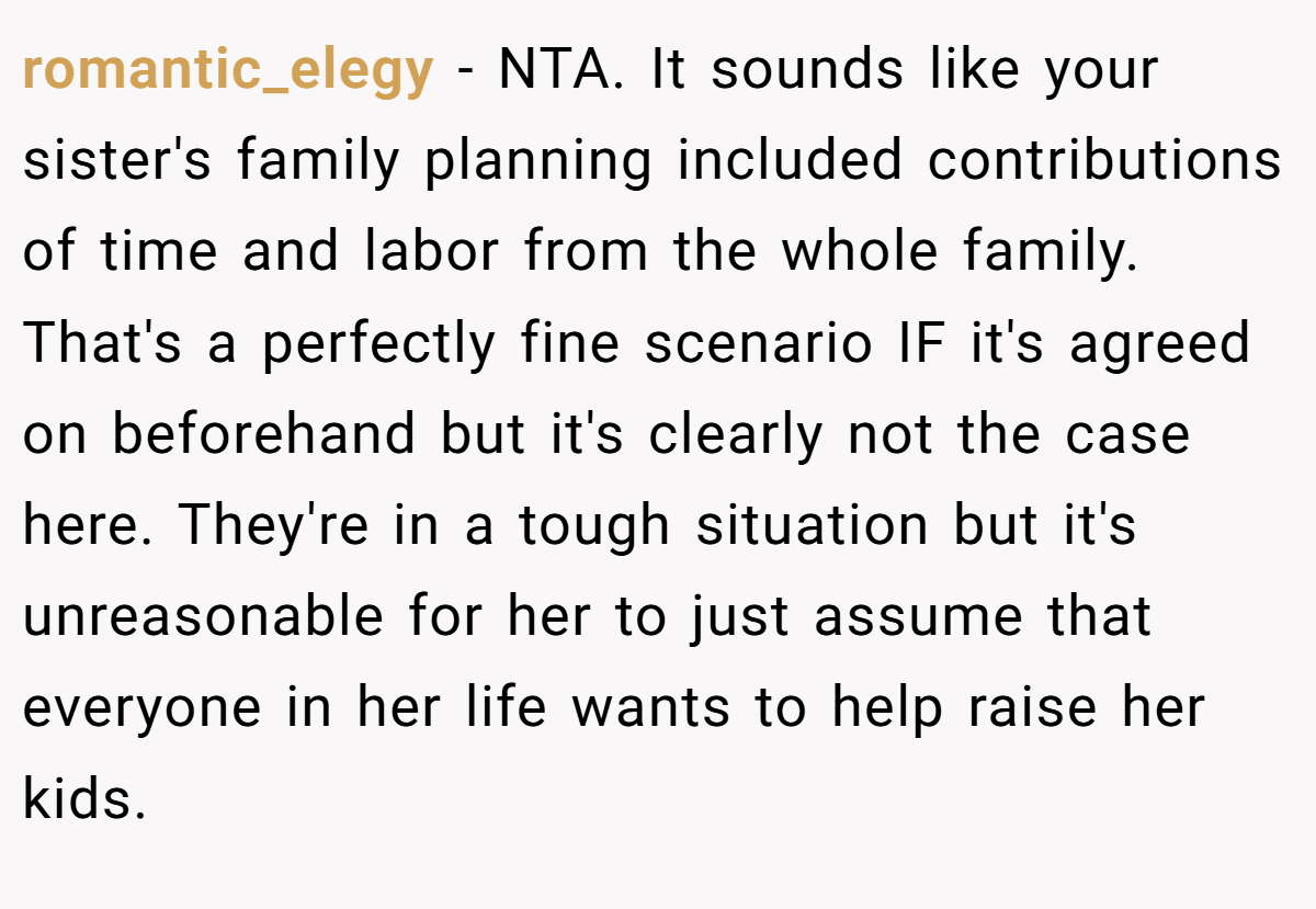 romantic_elegy − NTA. It sounds like your sister's family planning included contributions of time and labor from the whole family. That's a perfectly fine scenario IF it's agreed on beforehand but it's clearly not the case here. They're in a tough situation but it's unreasonable for her to just assume that everyone in her life wants to help raise her kids.