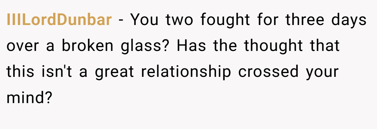 IIILordDunbar − You two fought for three days over a broken glass? Has the thought that this isn't a great relationship crossed your mind?